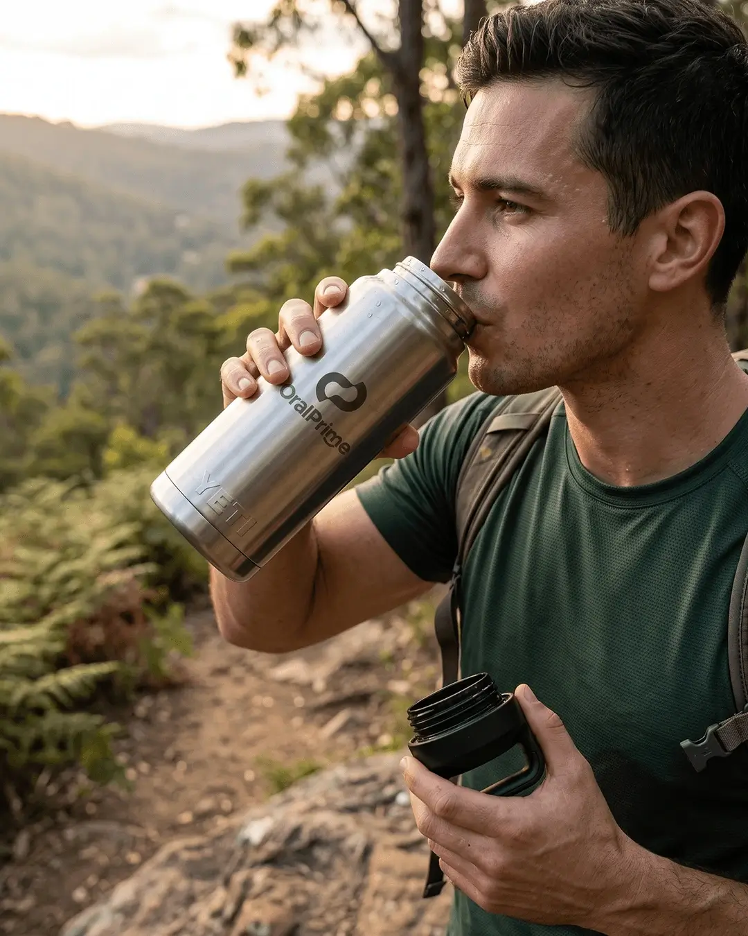 Custom YETI water bottles in stainless, Rambler 26 oz with Chug Cap, laser engraved logo, man drinking outdoors