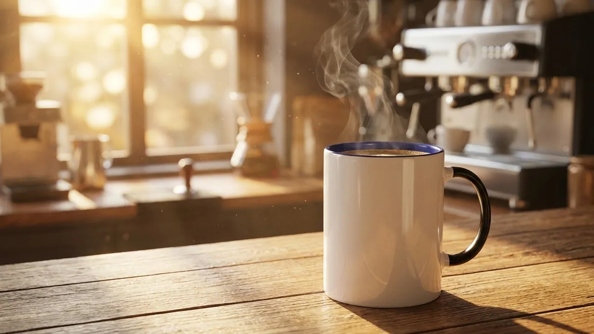 Custom branded two-tone latte mug with steaming coffee on a sunlit cafe counter at sunrise — Brandevois