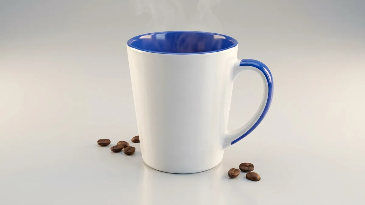 Close-up of a crisp full-color logo printed on the white ceramic surface of a custom latte mug — Brandevois
