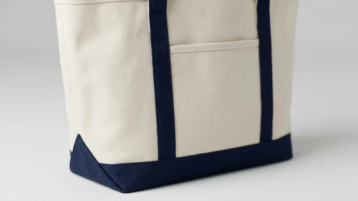 Front pocket and contrast bottom gusset detail of an 18 oz cotton canvas boat tote bag — Brandevois