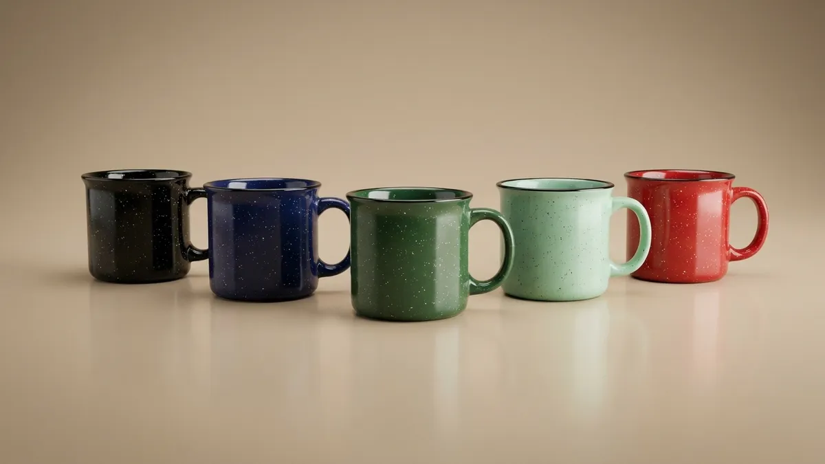 Custom 7.5 oz speckled campfire mugs in several rugged colors lined up — Brandevois