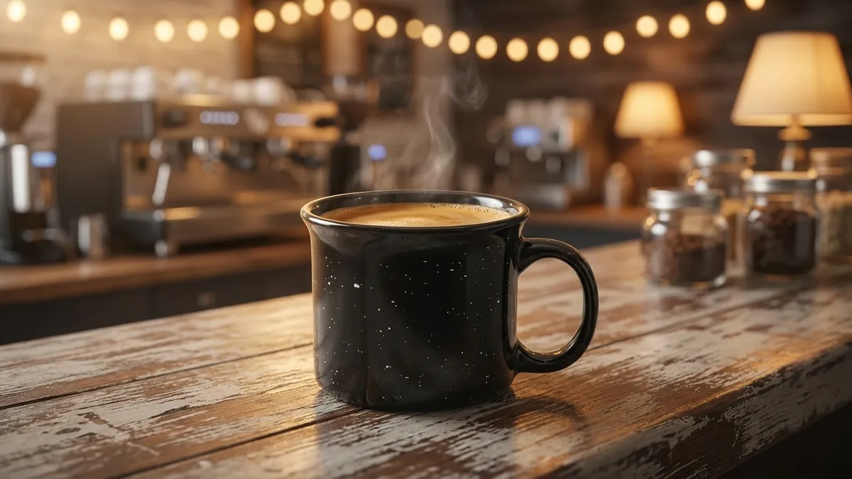 Custom 7.5 oz speckled campfire espresso mug with coffee on a rustic cafe counter — Brandevois