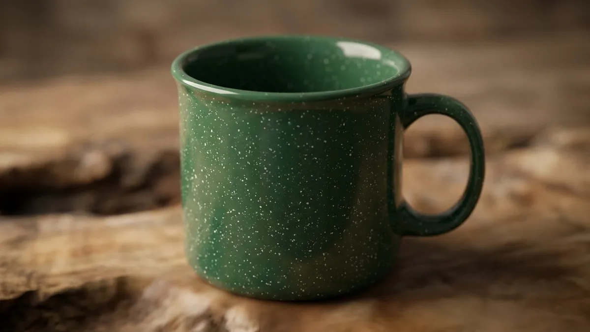 Close-up of a custom 7.5 oz speckled campfire mug with a flared rim showing the speckled glaze finish by Brandevois