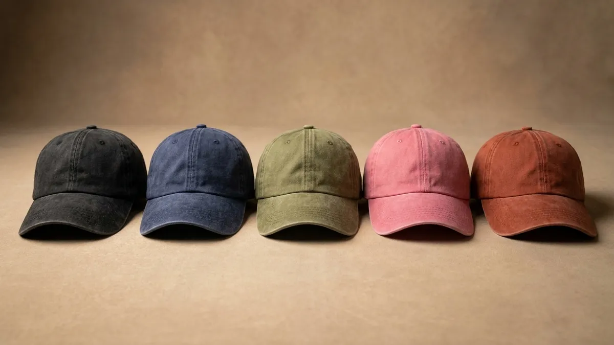 Custom pigment-dyed dad caps in several washed colors lined up — Brandevois