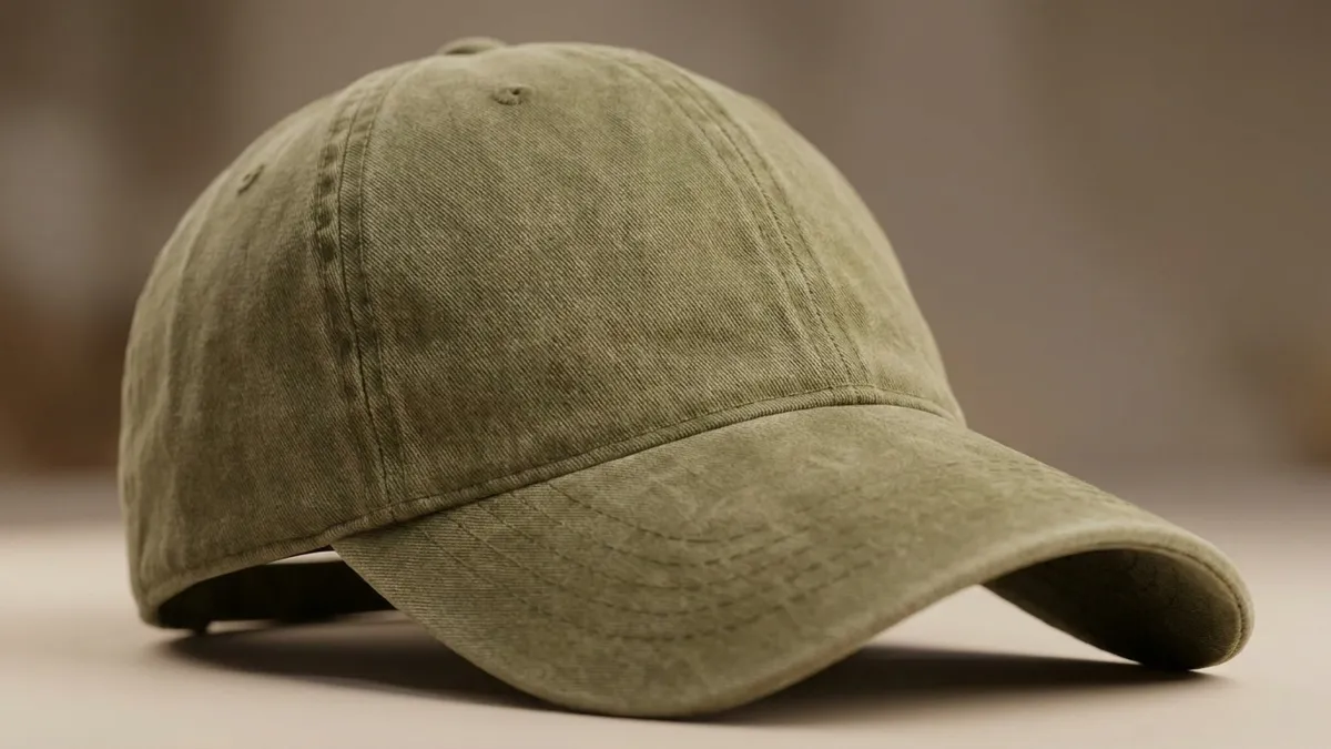 Close-up of a custom pigment-dyed dad cap showing the washed vintage finish and unstructured front panel with embroidery space by Brandevois