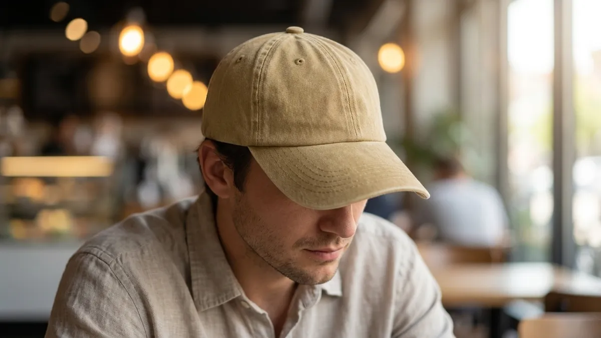 Person wearing a custom embroidered pigment-dyed dad cap — Brandevois