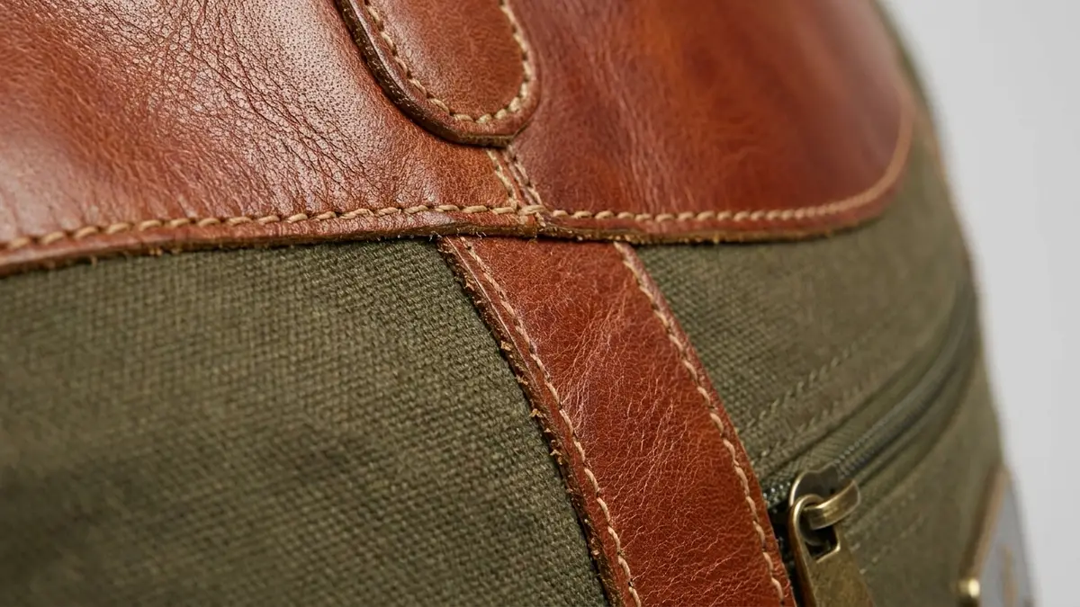 Full-grain cognac leather trim meeting olive cotton canvas with contrast saddle stitching on a custom leather duffel bag — Brandevois