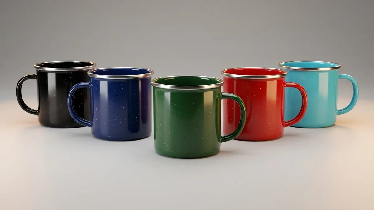 Custom 16 oz enamel camp mugs in several colors lined up — Brandevois