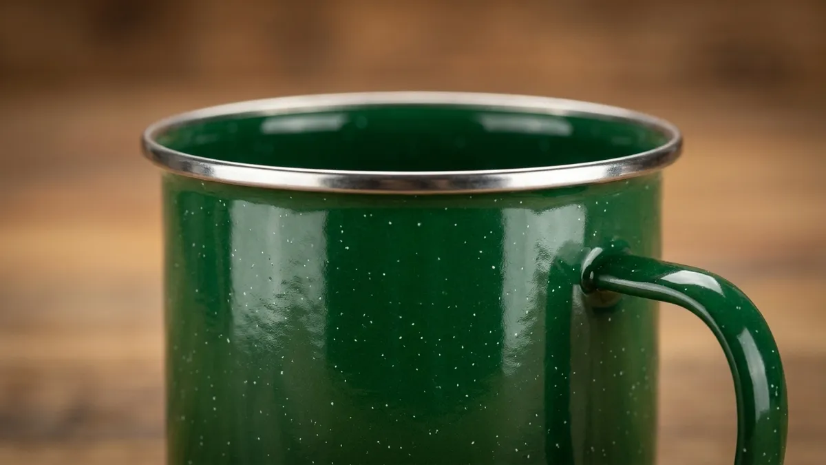 Close-up of a custom 16 oz enamel camp mug showing the glossy enamel finish and stainless steel rim by Brandevois