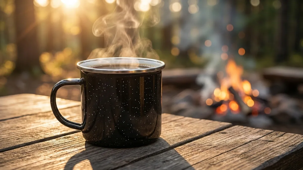 Custom 16 oz enamel camp mug with steaming coffee at a campsite — Brandevois
