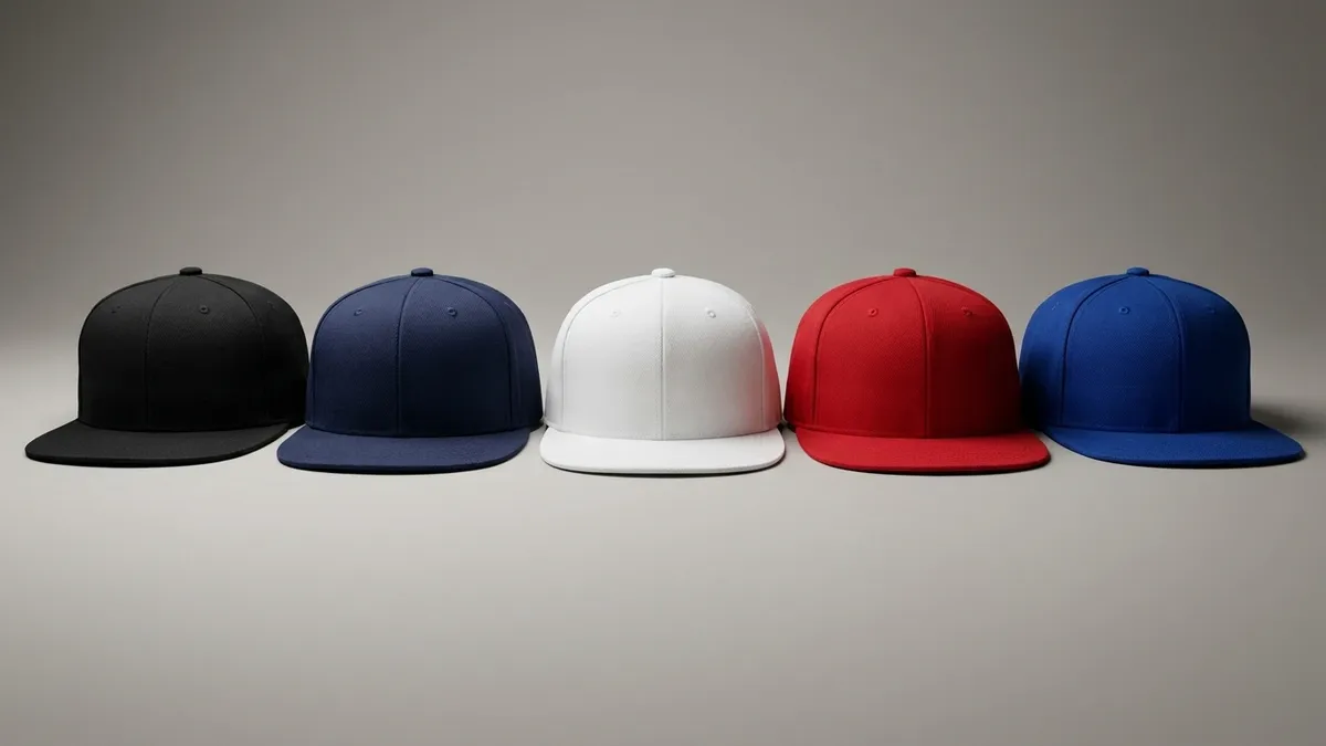Custom rPET flat bill caps in several colors lined up — Brandevois