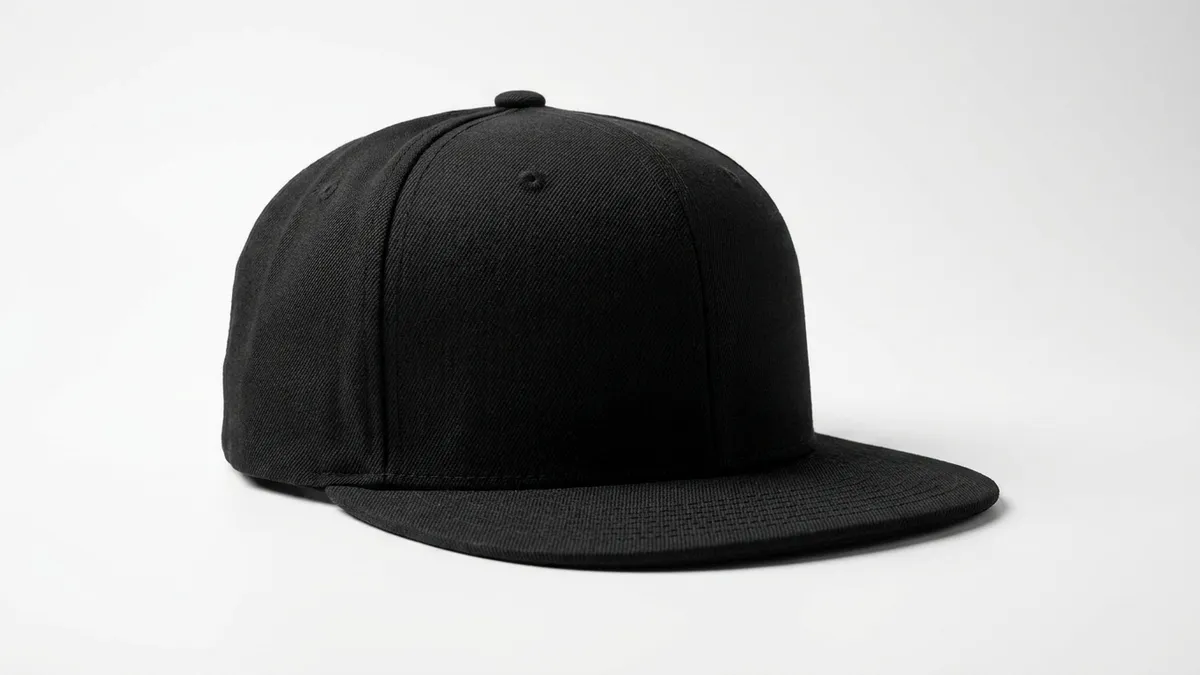 Close-up of a custom rPET recycled flat bill cap showing the structured front panel and flat brim with embroidery space by Brandevois