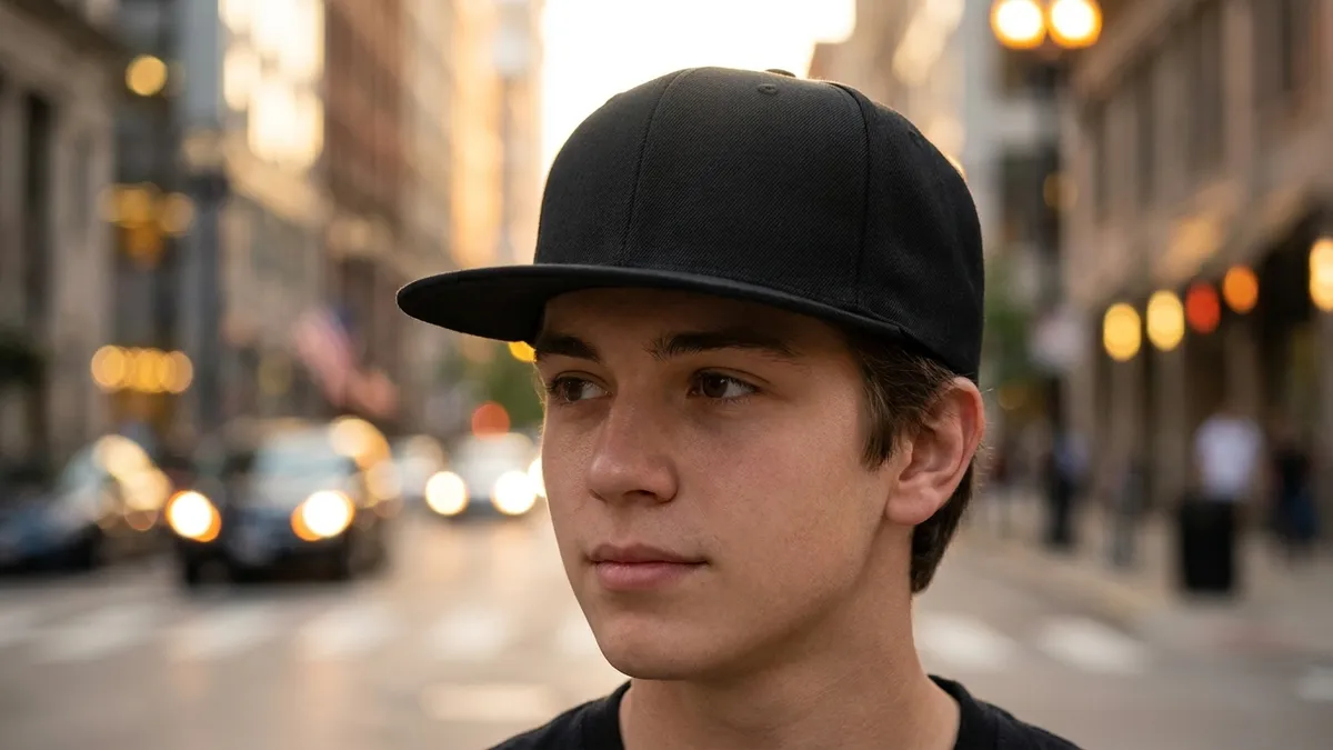 Person wearing a custom embroidered rPET flat bill snapback cap — Brandevois