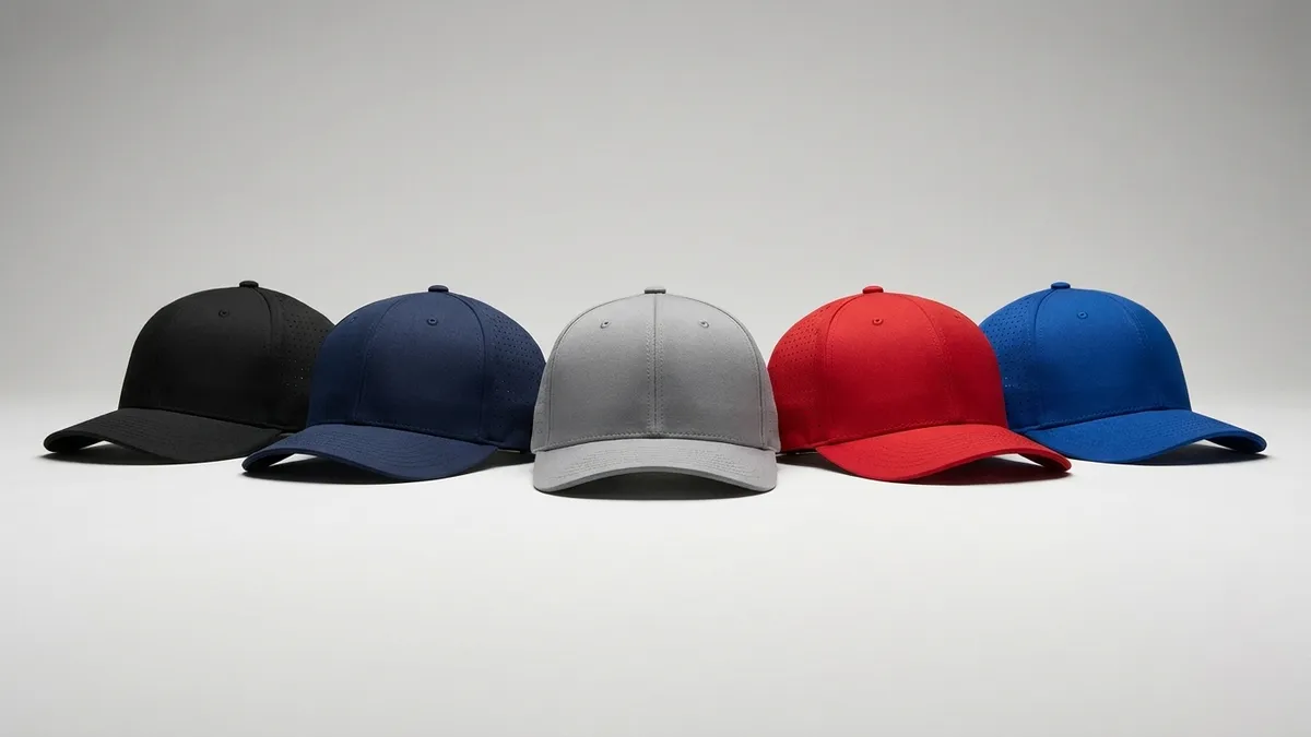Custom Flexfit performance caps in many colors lined up — Brandevois