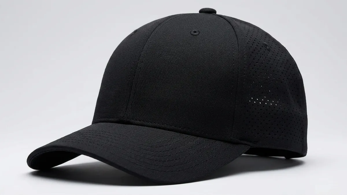 Close-up of a custom Flexfit perforated performance cap showing the perforated panels and front embroidery space by Brandevois