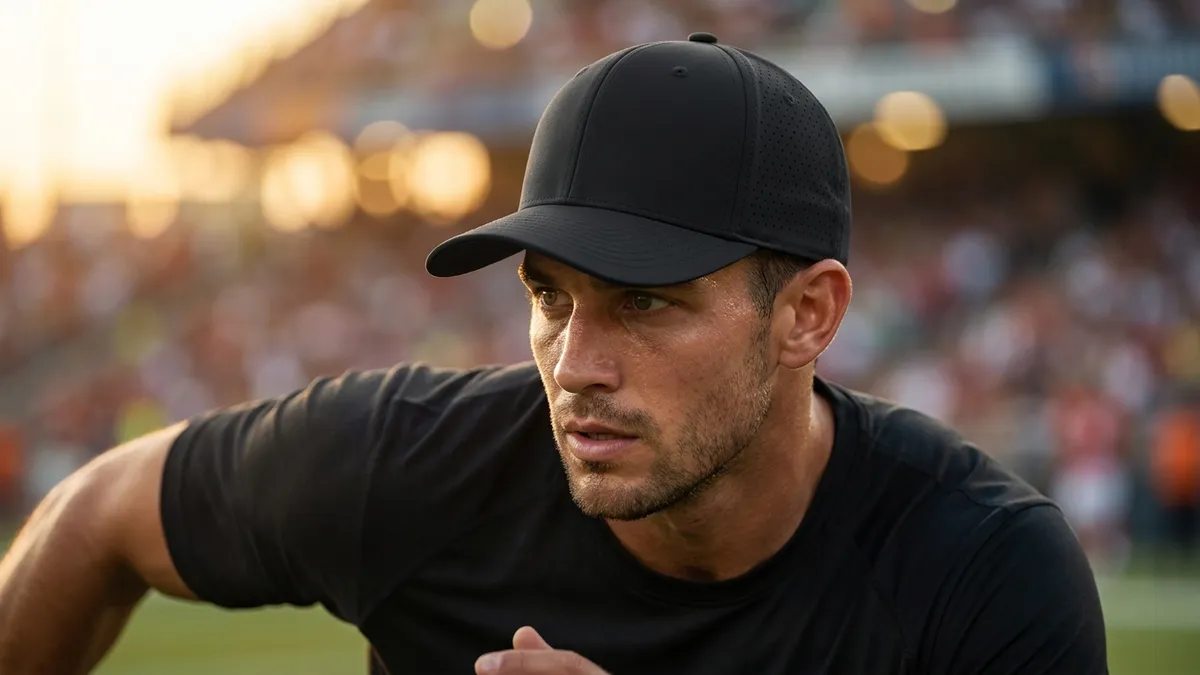 Athlete wearing a custom embroidered Flexfit perforated performance cap — Brandevois