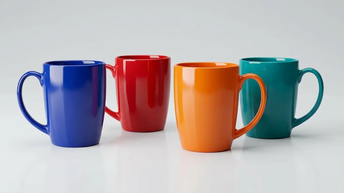 A lineup of custom 12 oz glossy promotional coffee mugs in cobalt blue, red, orange, and teal with a high-shine finish by Brandevois