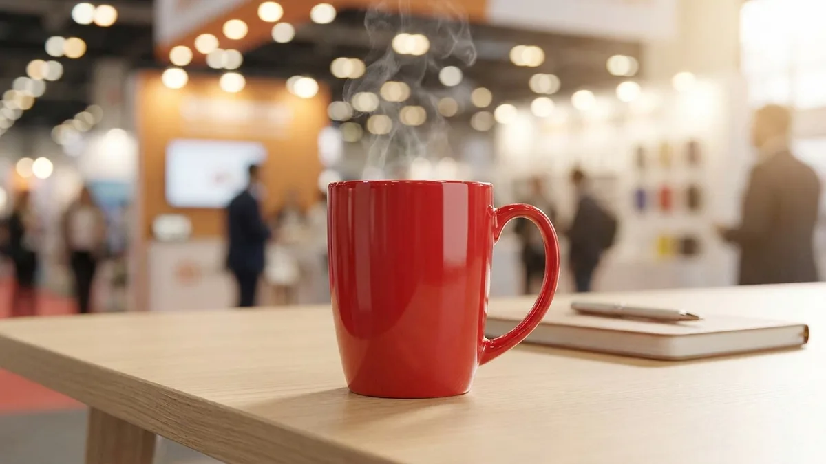 Custom 12 oz glossy promotional coffee mug with steaming coffee at a trade-show booth — Brandevois