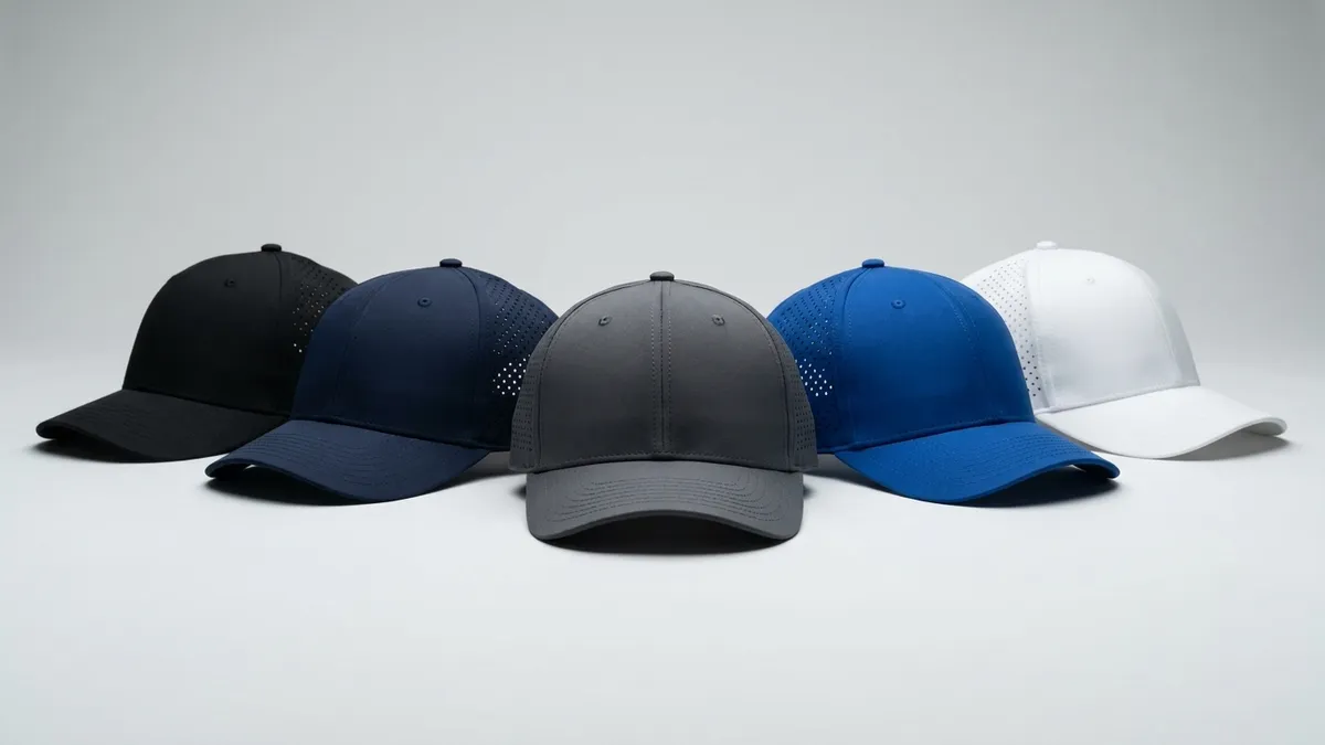 Custom golf trucker caps in several colors lined up — Brandevois