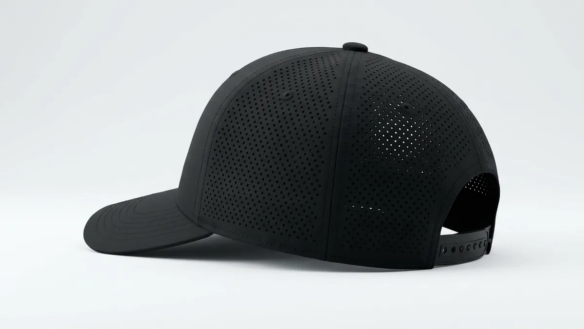 Close-up of a custom golf trucker cap showing the laser-cut perforations and quick-dry front panel with embroidery space by Brandevois