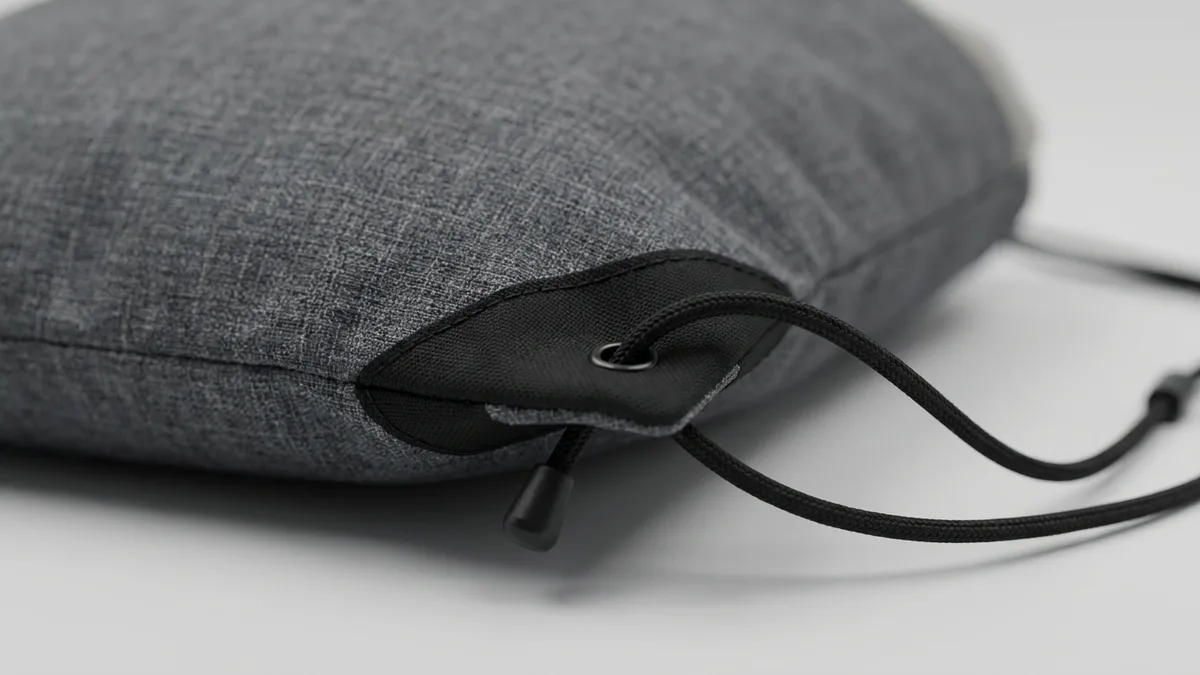 Dual black adjustable drawstring cords and reinforced corner tab on a custom cinch backpack — Brandevois