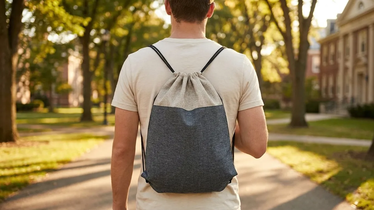 Logo printed on the front panel of a custom heathered jute cinch backpack — Brandevois