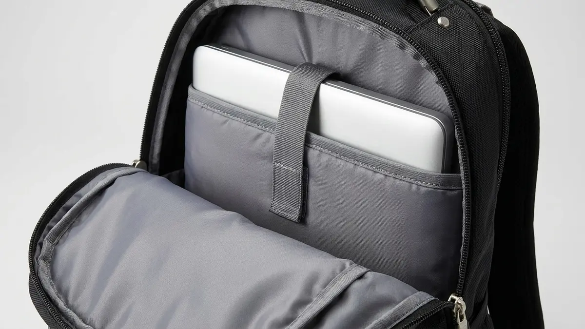 Padded laptop compartment with a smooth gray nylon lining and adjustable sling on a custom computer backpack — Brandevois