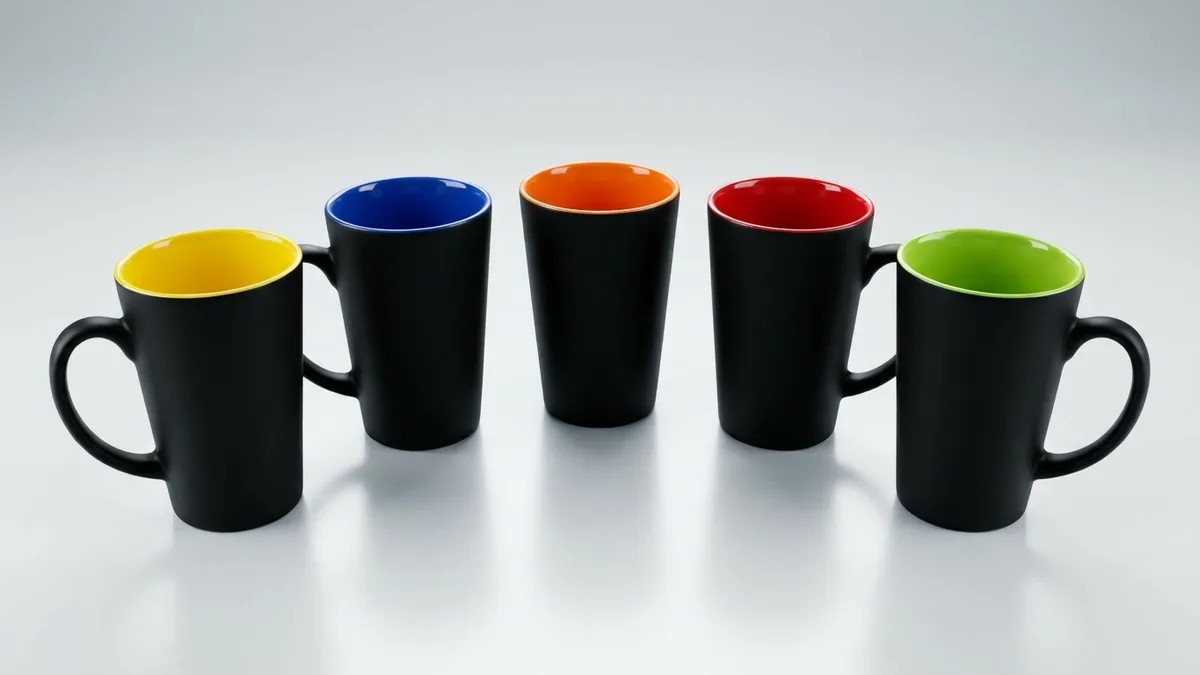 Custom 12 oz two-tone latte mugs with matte black exteriors and glossy yellow, blue, orange, red, and lime interiors by Brandevois