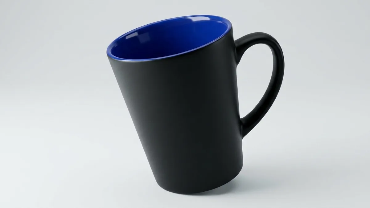 Custom 12 oz two-tone latte mug with a matte black exterior and a glossy royal blue interior by Brandevois