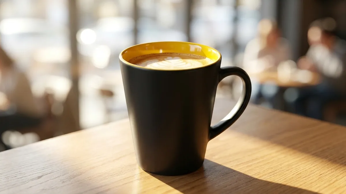 Custom 12 oz black two-tone latte mug with a glossy yellow interior holding a latte on a sunlit cafe table by Brandevois
