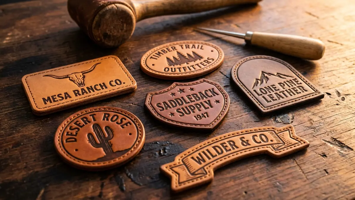 Custom leatherette patch shape examples with laser-etched designs by Brandevois