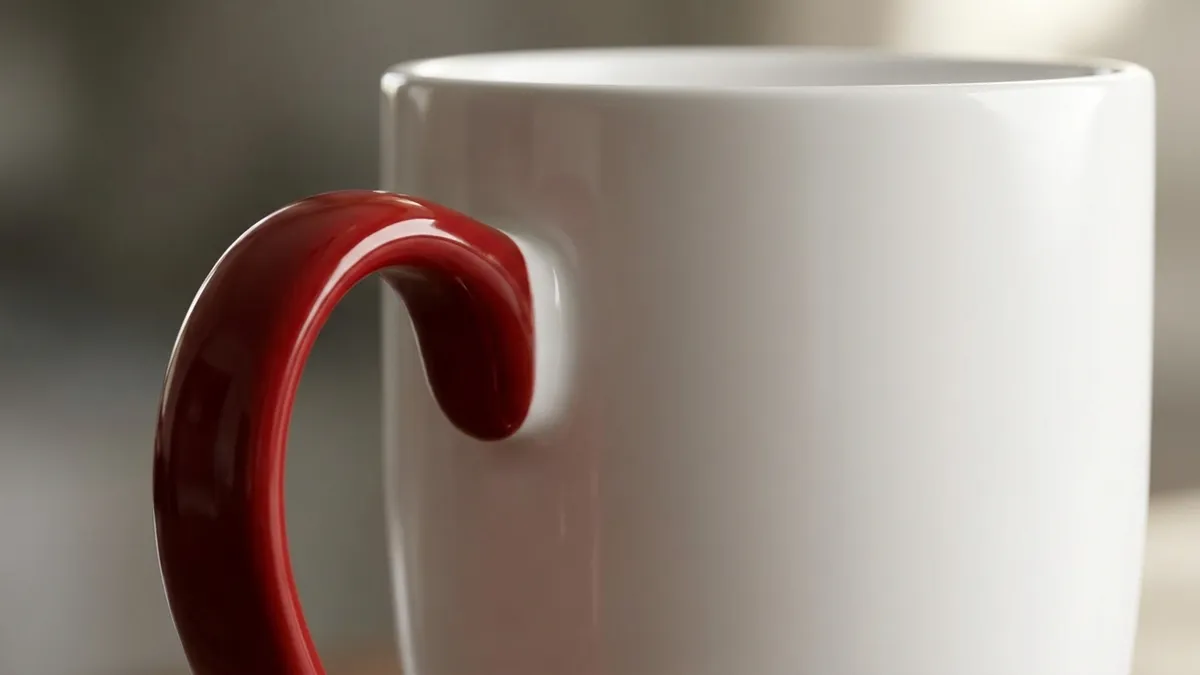 High curved color-matching grip handle on a custom 16 oz bistro ceramic mug — Brandevois