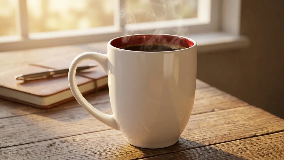 Custom 16 oz bistro coffee mug with steaming coffee on a sunlit desk — Brandevois