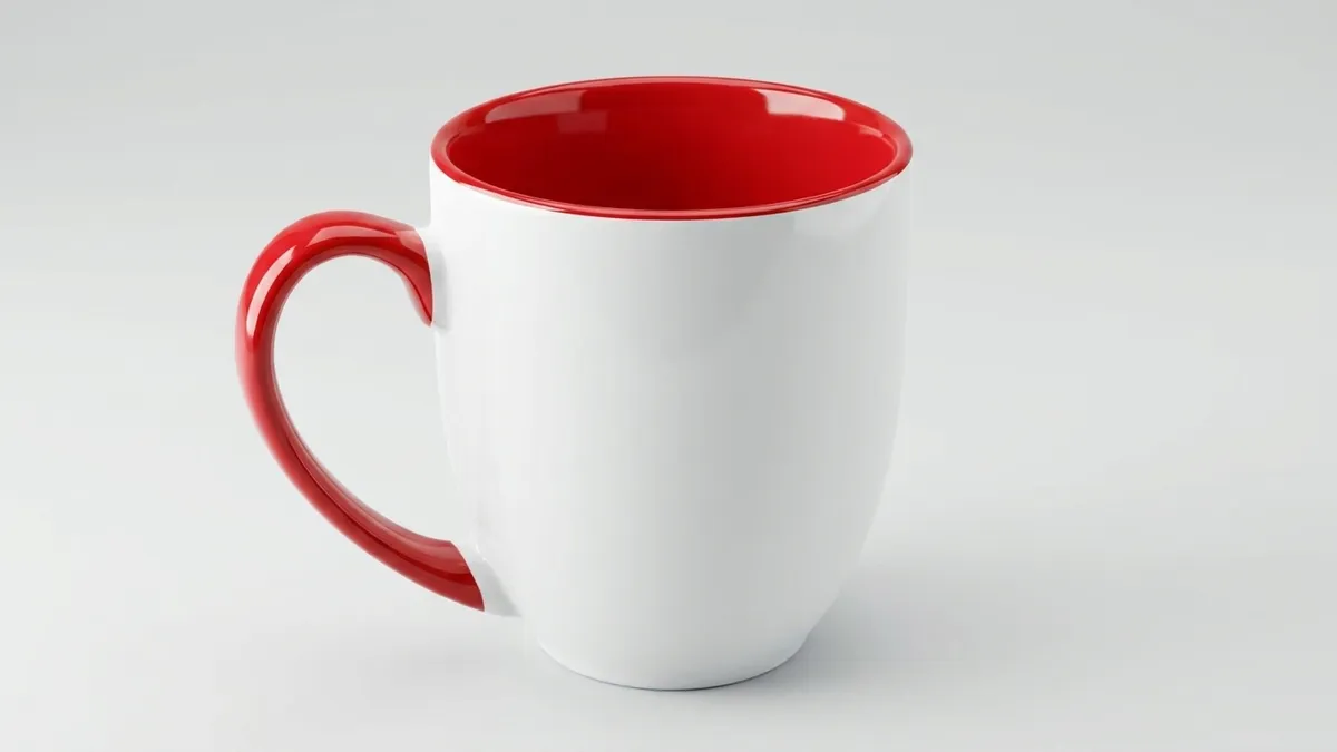 Two-tone detail of a custom 16 oz bistro coffee mug — glossy white exterior with a colored interior and color-matching handle by Brandevois