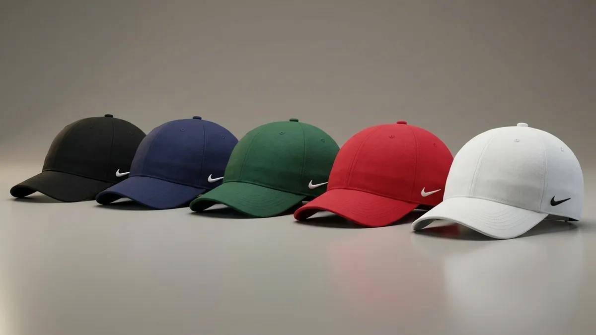 Custom Nike cotton twill caps in several team colors lined up — Brandevois