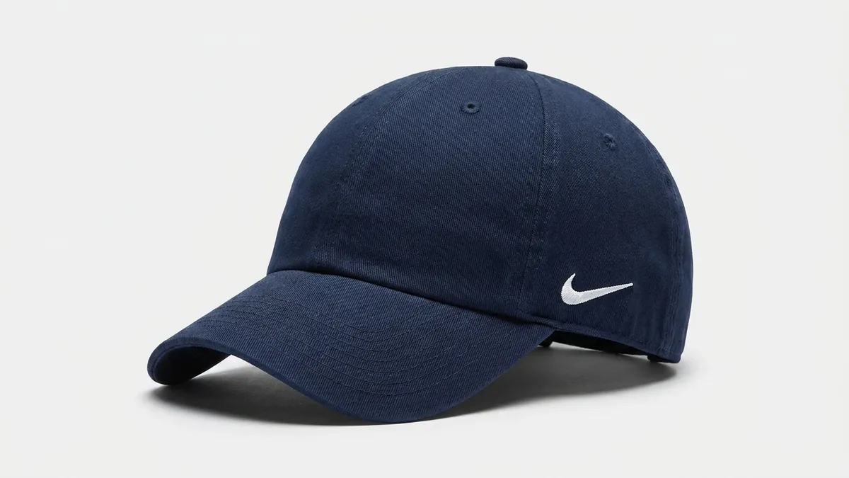 Close-up of a custom Nike cotton twill cap front panel showing crisp embroidery space and the unstructured mid-profile crown by Brandevois
