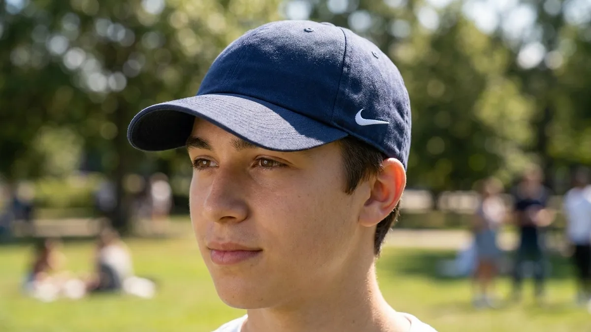 Person wearing a custom embroidered Nike cotton twill cap outdoors — Brandevois