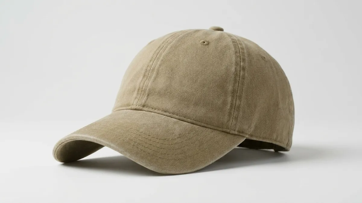 Close-up of a custom OTTO garment-washed baseball cap showing the low-profile front panel and soft twill with embroidery space by Brandevois