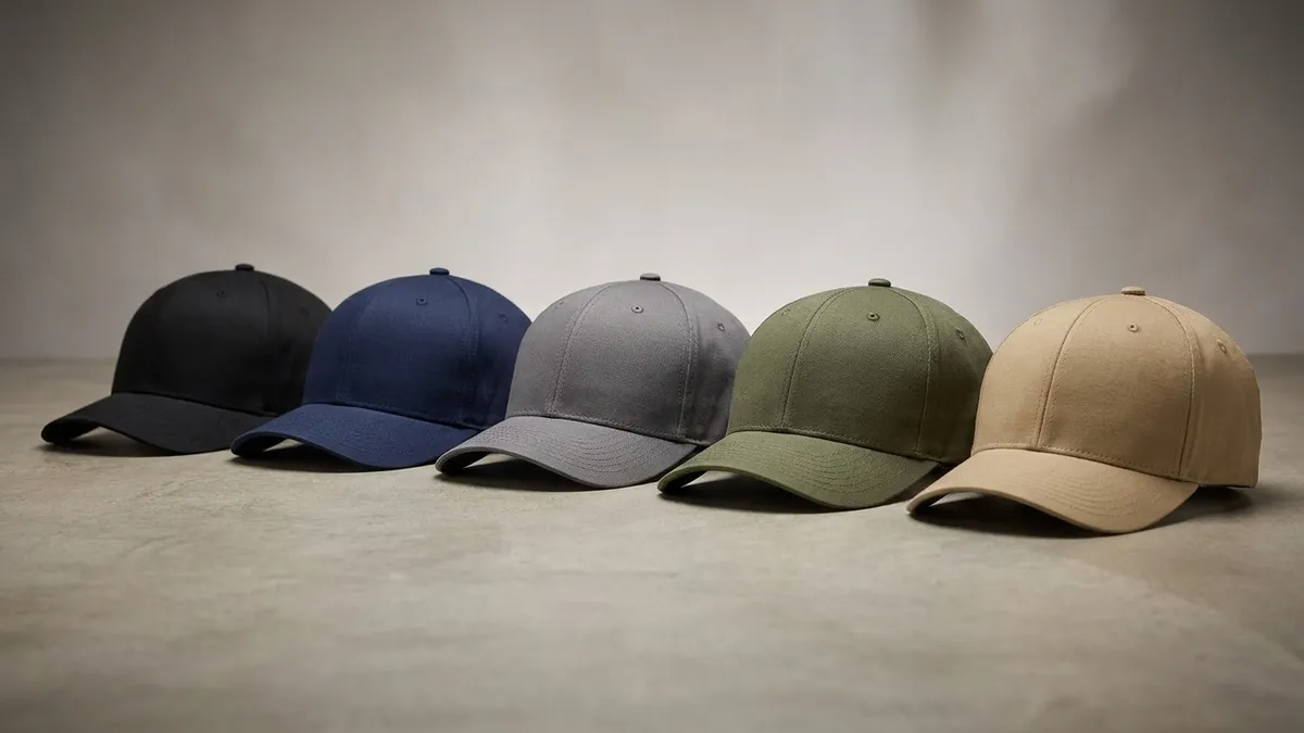 Custom Port Authority Flexfit fitted caps in several colors lined up — Brandevois