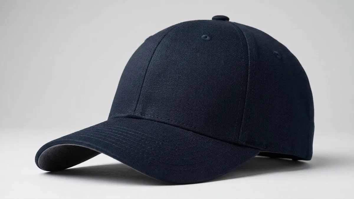 Close-up of a custom Port Authority Flexfit fitted cap showing the structured mid-profile crown and Permacurv visor with front embroidery space by Brandevois