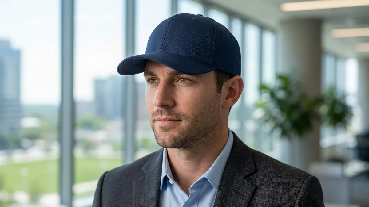 Person wearing a custom embroidered Port Authority Flexfit fitted cap — Brandevois