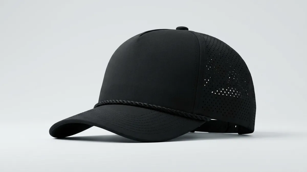 Close-up of a custom Richardson 355 laser-perforated rope cap showing the rope-trim visor and front area for a leatherette patch by Brandevois
