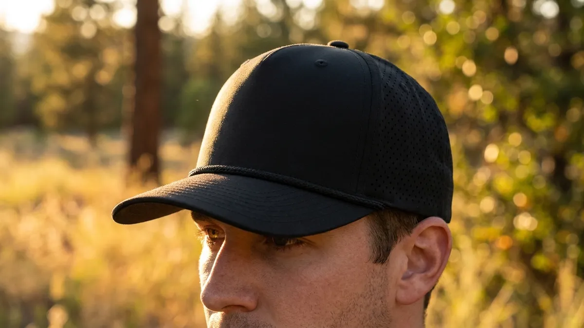 Person wearing a custom Richardson 355 rope cap with a leatherette patch — Brandevois