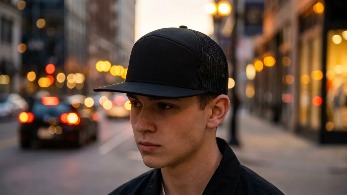 Person wearing a custom embroidered 7-panel snapback trucker cap — Brandevois