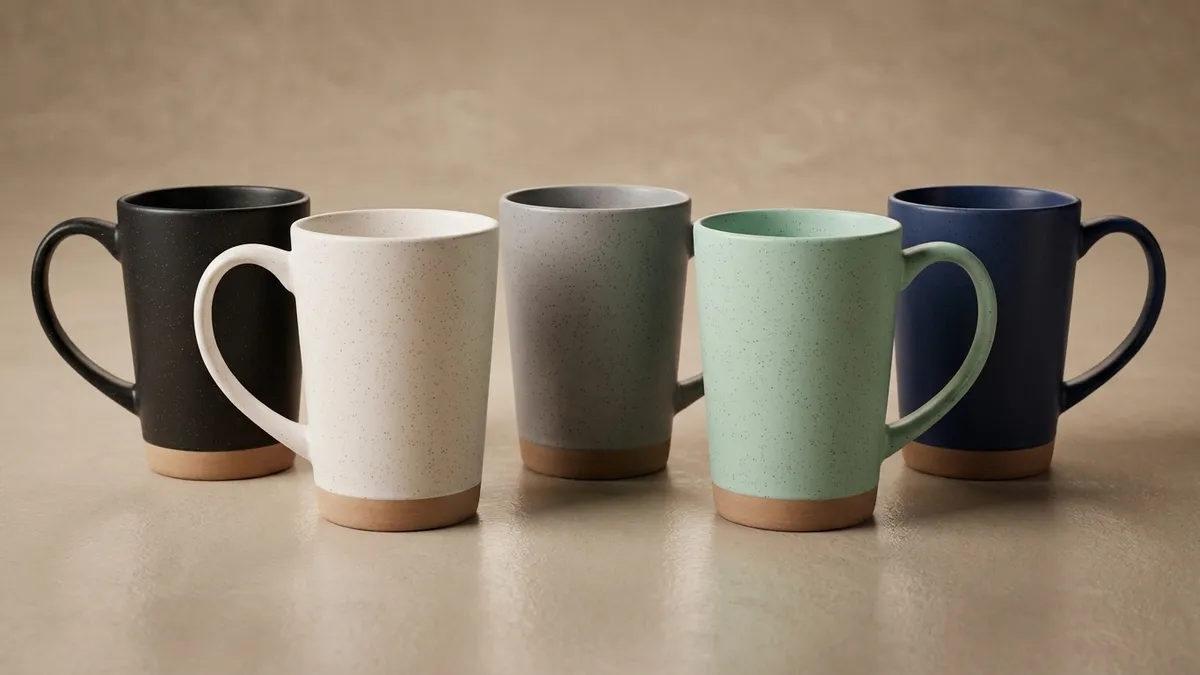 Custom 16 oz speckle-accent stoneware coffee mugs in several earthy colors lined up — Brandevois