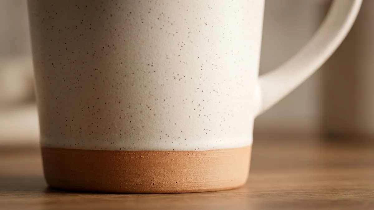 Close-up of a custom 16 oz speckle-accent stoneware coffee mug showing the matte glaze and raw clay base by Brandevois
