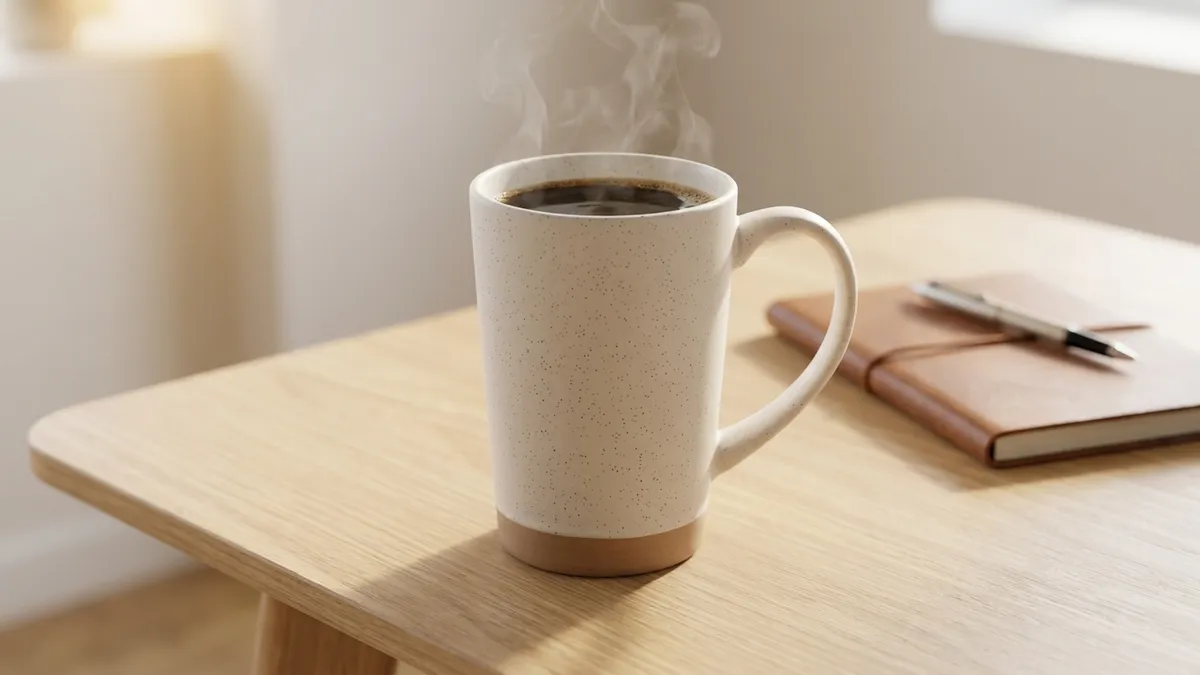 Custom 16 oz speckle-accent stoneware coffee mug with steaming coffee on a modern desk — Brandevois