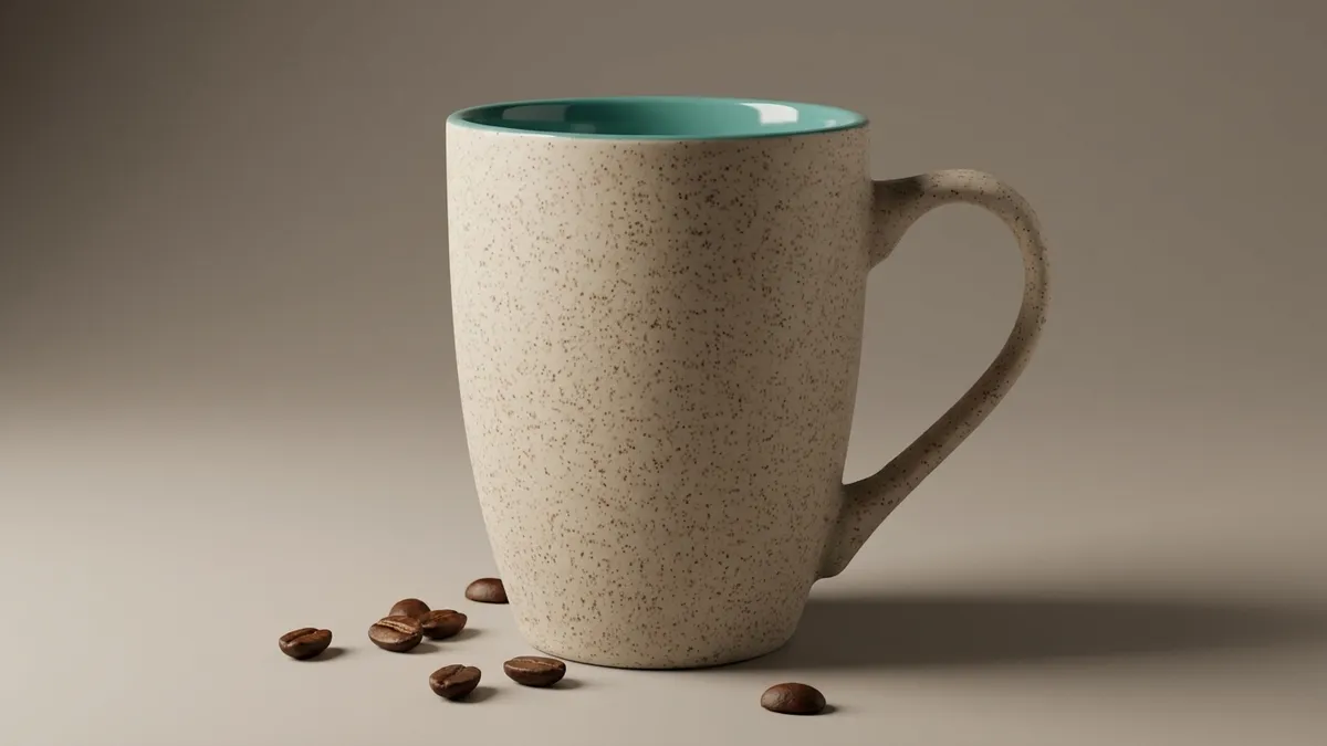 Close-up of a logo printed on the matte speckled surface of a custom stoneware coffee mug — Brandevois