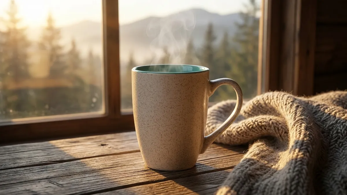 Custom speckled stoneware coffee mug with steaming coffee on a cabin table at sunrise — Brandevois