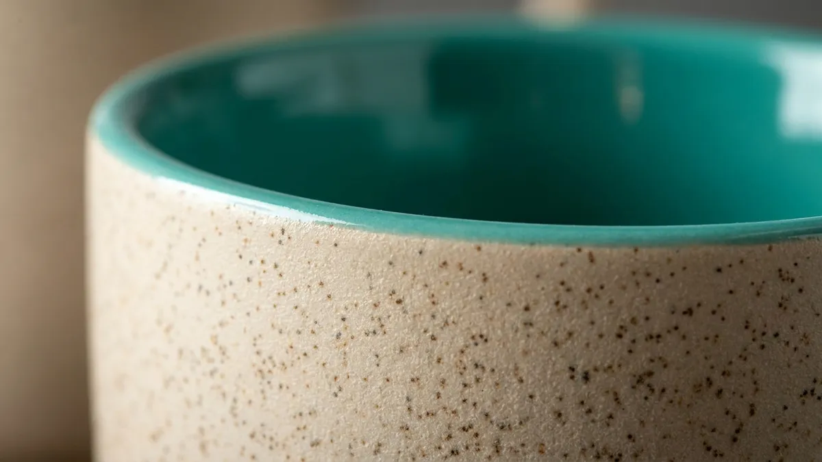 Macro detail of a custom speckled-stoneware coffee mug — matte speckled exterior with a glossy colored interior rim by Brandevois